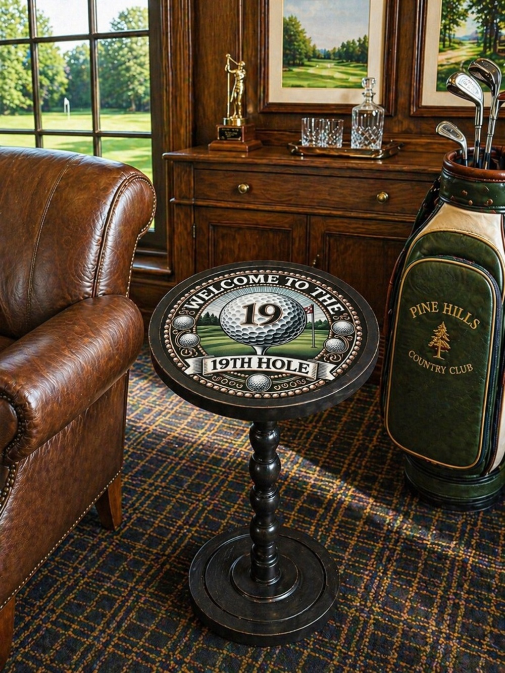 Welcome to the 19th Hole Accent Pedestal Drink Table